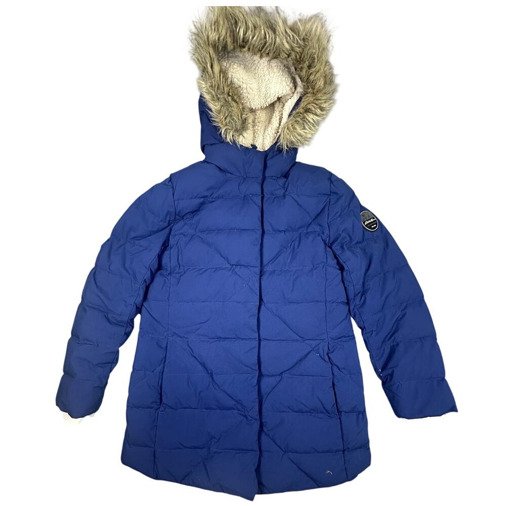 Eddie Bauer Down Parka Coat Faux Fur Hood Blue Kids M